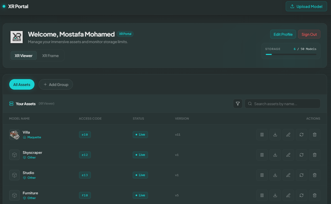 XR Portal & 3D Asset Dashboard